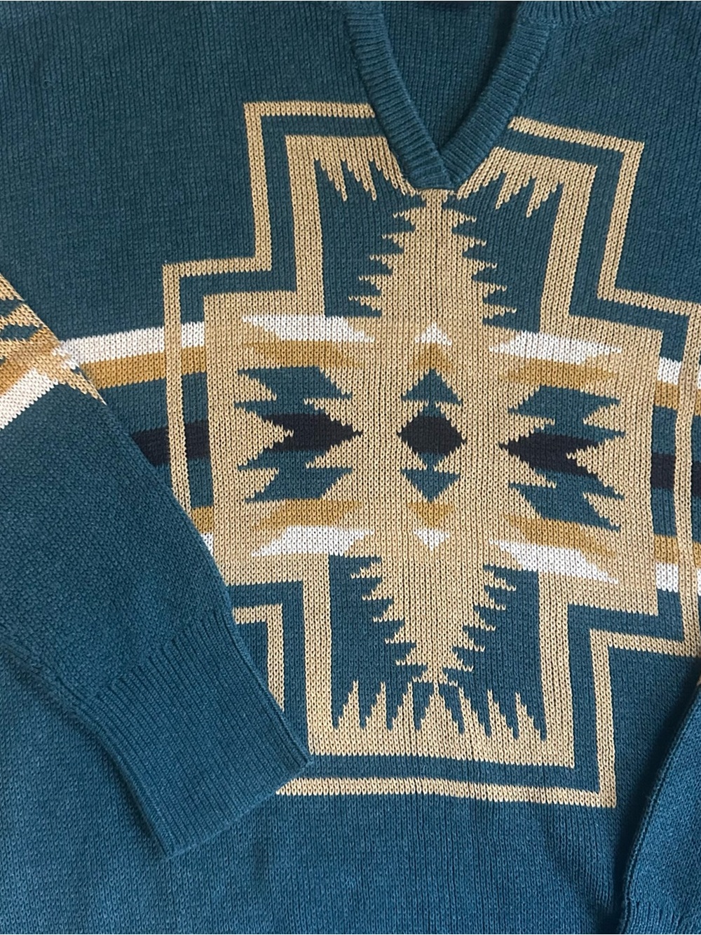 Pendleton Teal and Tan Geometric V-Neck Sweater - Picture 3 of 3